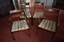 *Four Reproduction Mahogany Chairs with Upholstered Seat Pads on Sable Legs with Brass Inlay Detail