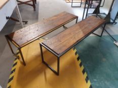 * 2 x low level industrial display benches with rustic tops - 1300w x 350d x 380h
