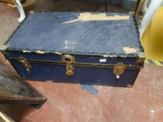 * Large blue vintage trunk and assorted contents