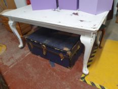 * vintage white table with queen Anne legs on pot castors - 1500w x 900d x 750h