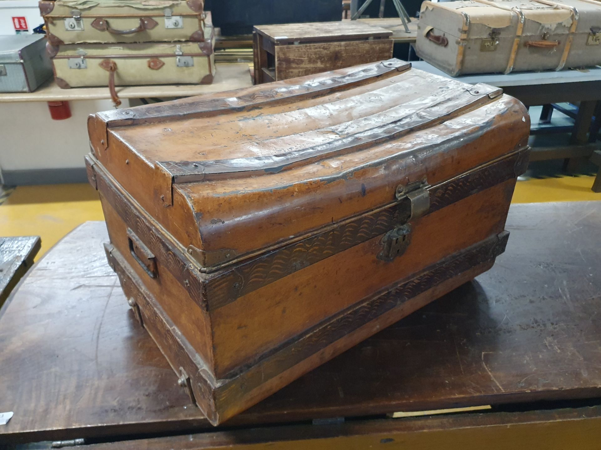 * Metal framed trunk case - with ornate patten to outside and distint blue interior - Image 4 of 4