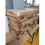 * 3 x green fabric vintage suitcases