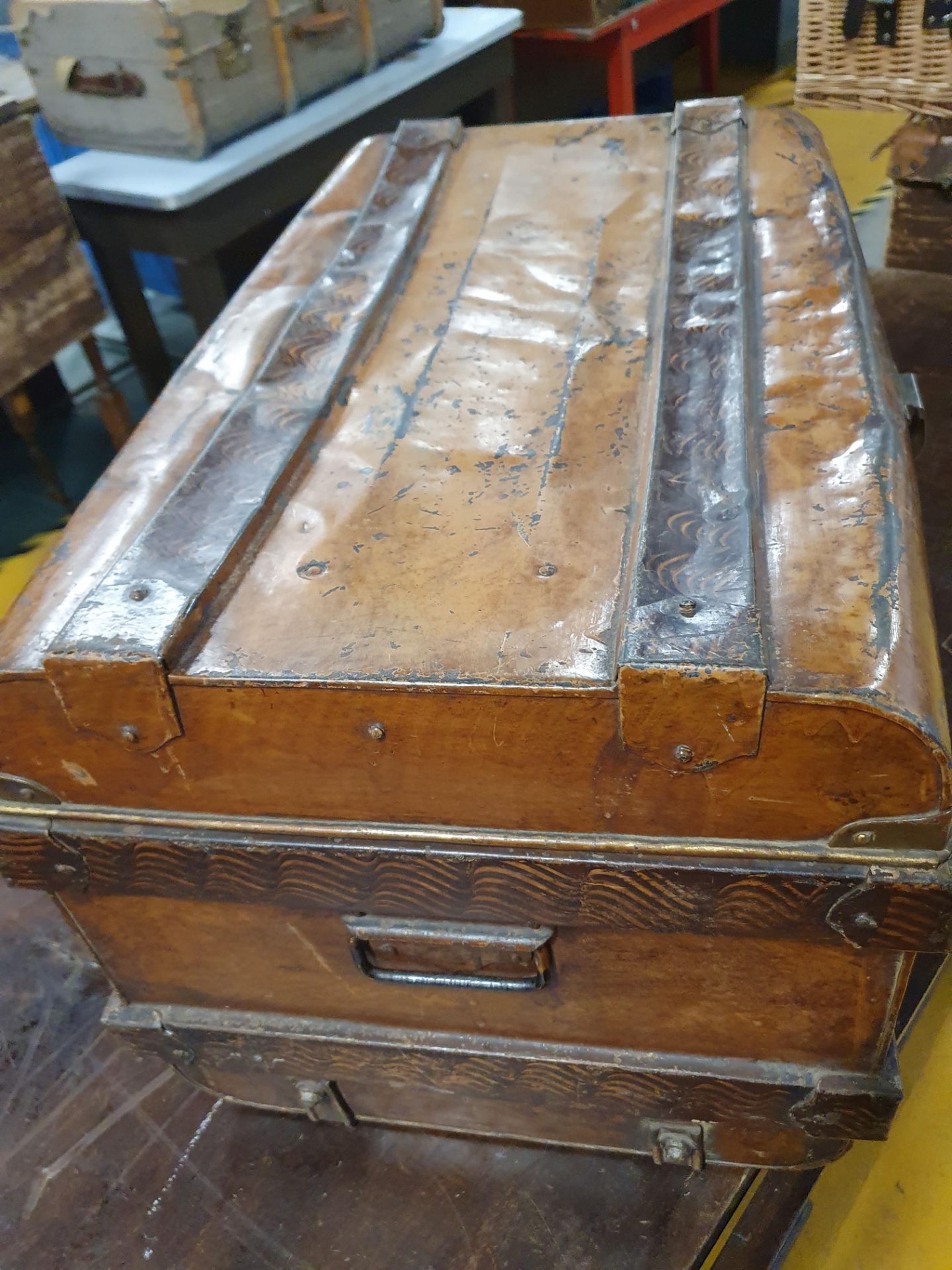 * Metal framed trunk case - with ornate patten to outside and distint blue interior - Image 3 of 4