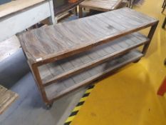* Rusic wooden display shelves on castors - 1400w x 500d x 600h