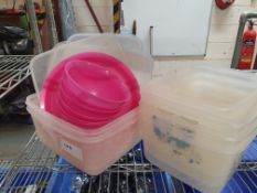 * plastic tubs, plates and bowls