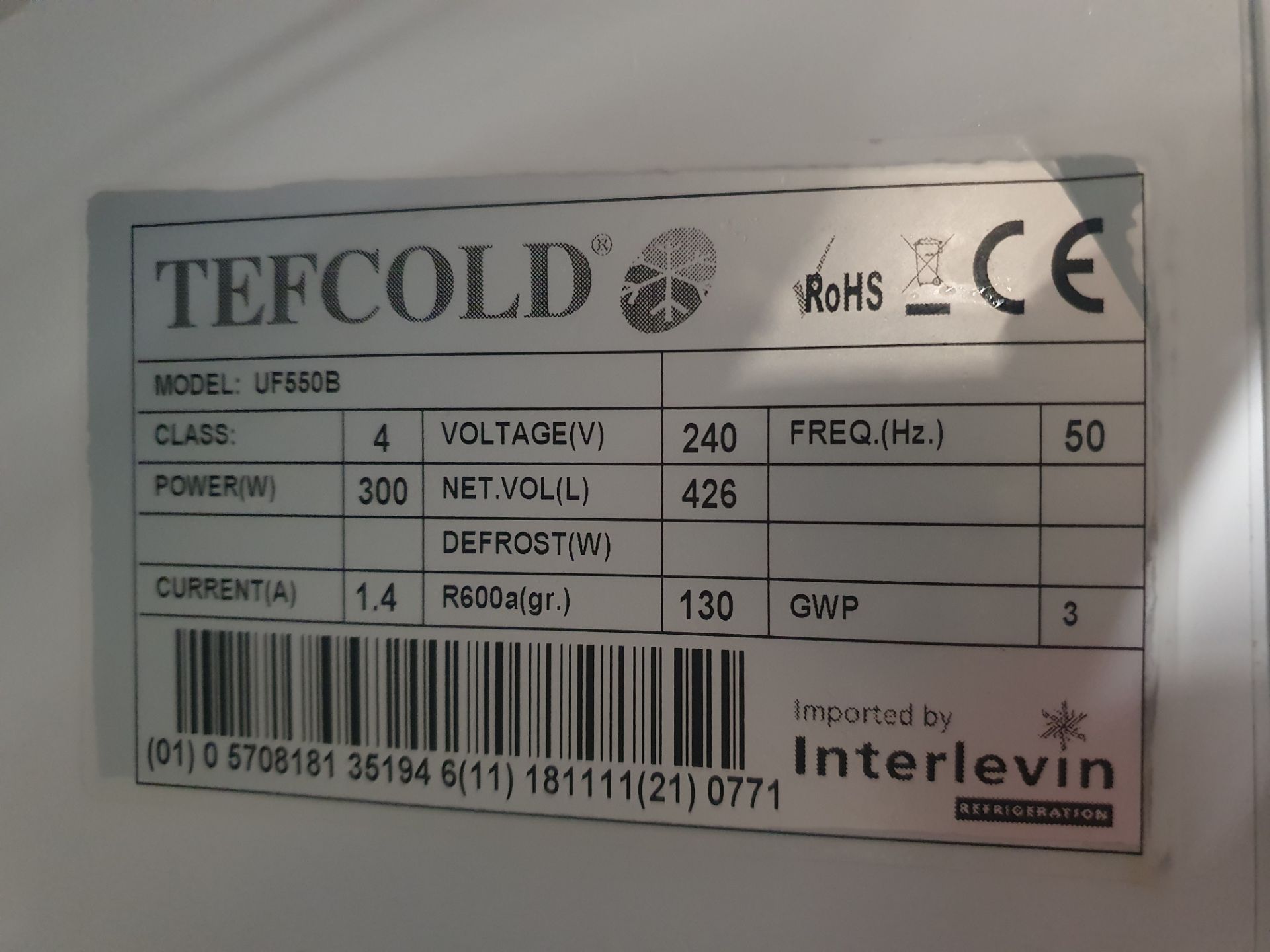 * Tefcold upright Freezer - 770w x 710d x 1720h - Image 3 of 3