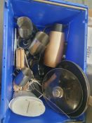 * box of assorted catering items - prob, S/S jugs, pan, jug, etc