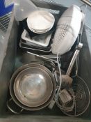 * misc selection of catering items; dishes, utentils, fan