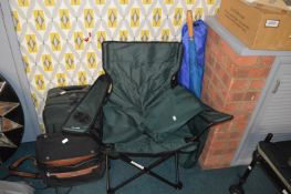 Two Folding Camp Chairs, Two Bags, and an Umbrella