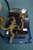 Two Cash Boxes, Deed Box and a Brass French Light Fitting