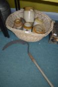 Wicker Basket, Stoneware Jars and a Scythe, etc.