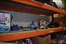 *Contents of Shelf to Include Clarke Woodworker Scroll Saw, Mitre Saws, Pumps, Electric Chainsaw,