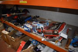 *Contents of Shelf to Include Assorted Clarke Power Tools, Silverline Hand Tools, Chainsaw Helmet,