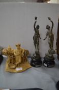 Gilded German Pottery Figure plus Two Spelter Figu