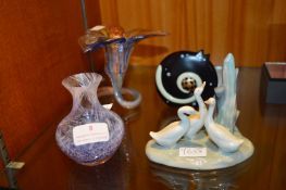 Nao Lladro Goose Figure, Caithness Small Vases, Italian Glass Vase, and a Cat Ornament