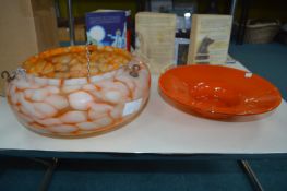 1970's Orange Glass Bowl, Deco Mottled Orange & White Glass Ceiling Light & Fittings