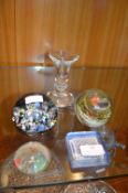 Four Paperweights Including Caithness, plus a Candle Holder