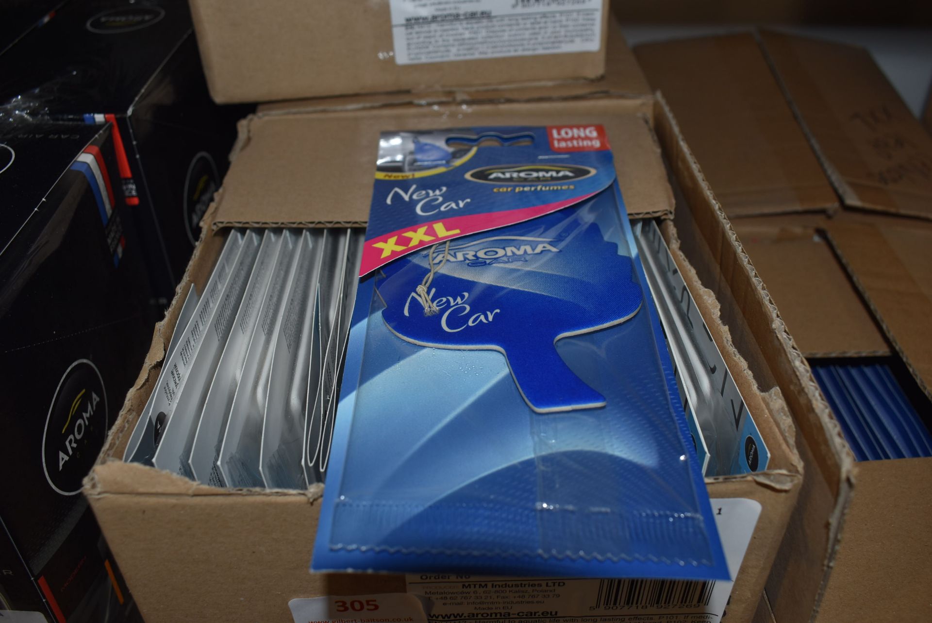 Five Boxes of 24 Aroma Car Get Inspired Woody Aquatic Air Fresheners No.01 (expired)