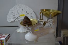 White Kitchen Scales, Weights, and cast Iron Books