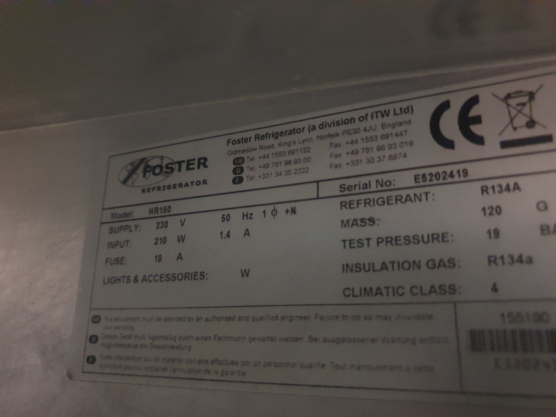 * Foster HR150 undercounter fridge - tested working - Image 3 of 3
