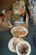 Basket of Wall Plates and Decorative Pottery