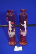 Pair of Mary Gregory Cranberry Glass Vases - Boy and Girl