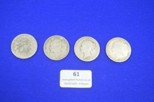 Four Young Queen Victoria Silver Half Crown ~50g total