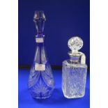 Cut Glass Decanter with Silver Collar - Birmingham 1987, and a Vintage Bohemian Blue Cut Glass