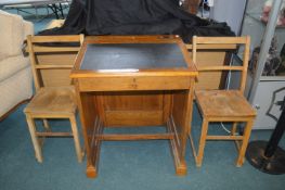 Victorian Oak School Desk with Two Beechwood Chair