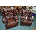 Pair of Burgundy Leather Chesterfield Armchairs