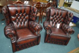 Pair of Burgundy Leather Chesterfield Armchairs