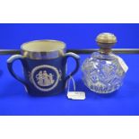 Adams Blue & White Three Handle Jug with Silver Rim, and a Cut Glass Bottle with Silver Top