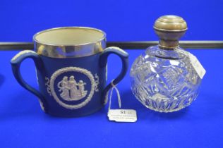 Adams Blue & White Three Handle Jug with Silver Rim, and a Cut Glass Bottle with Silver Top
