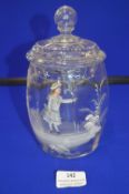 Mary Gregory Large Lidded Clear Glass Jar - Girl with Flowers