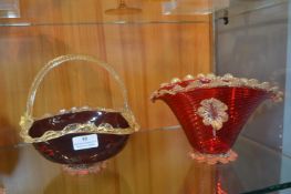 Cranberry Glass Basket and Vase (some faults)