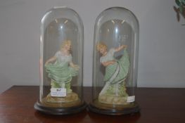 Pair of Victorian Porcelain Figurines Under Glass