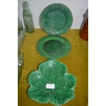 Three Victorian Green Leaf Dishes Including One by Wedgwood