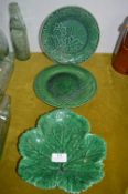 Three Victorian Green Leaf Dishes Including One by Wedgwood