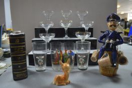Babycham Glasses, Montrose Pottery Book Whisky Bottle, and a Novelty Decanter