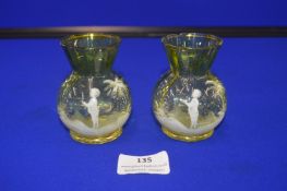 Pair of Mary Gregory Small Green Glass Vases
