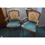 Pair of Ornate Carved Armchairs with Tapestry Upho
