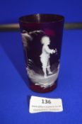 Mary Gregory Cranberry Glass Beaker - Boy with Flowers