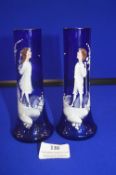 Pair of Mary Gregory Blue Glass Vases - Boy and Girl