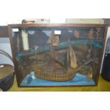 Model Sailing Ship Lighthouse Scene in Glazed Cabinet