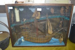 Model Sailing Ship Lighthouse Scene in Glazed Cabinet