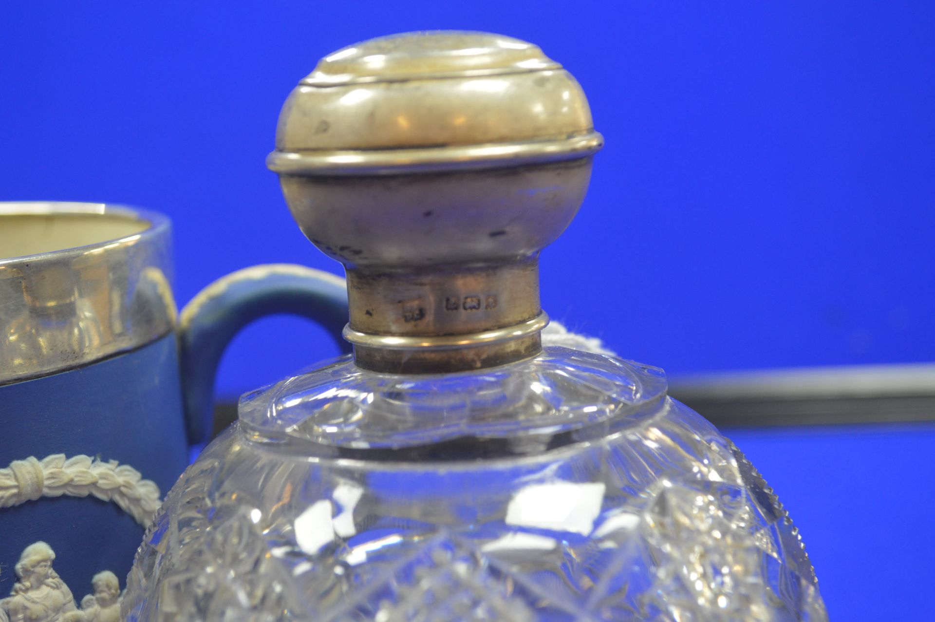 Adams Blue & White Three Handle Jug with Silver Rim, and a Cut Glass Bottle with Silver Top - Image 2 of 2