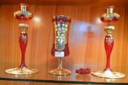 Gilded Red Glass Candlesticks and Vase