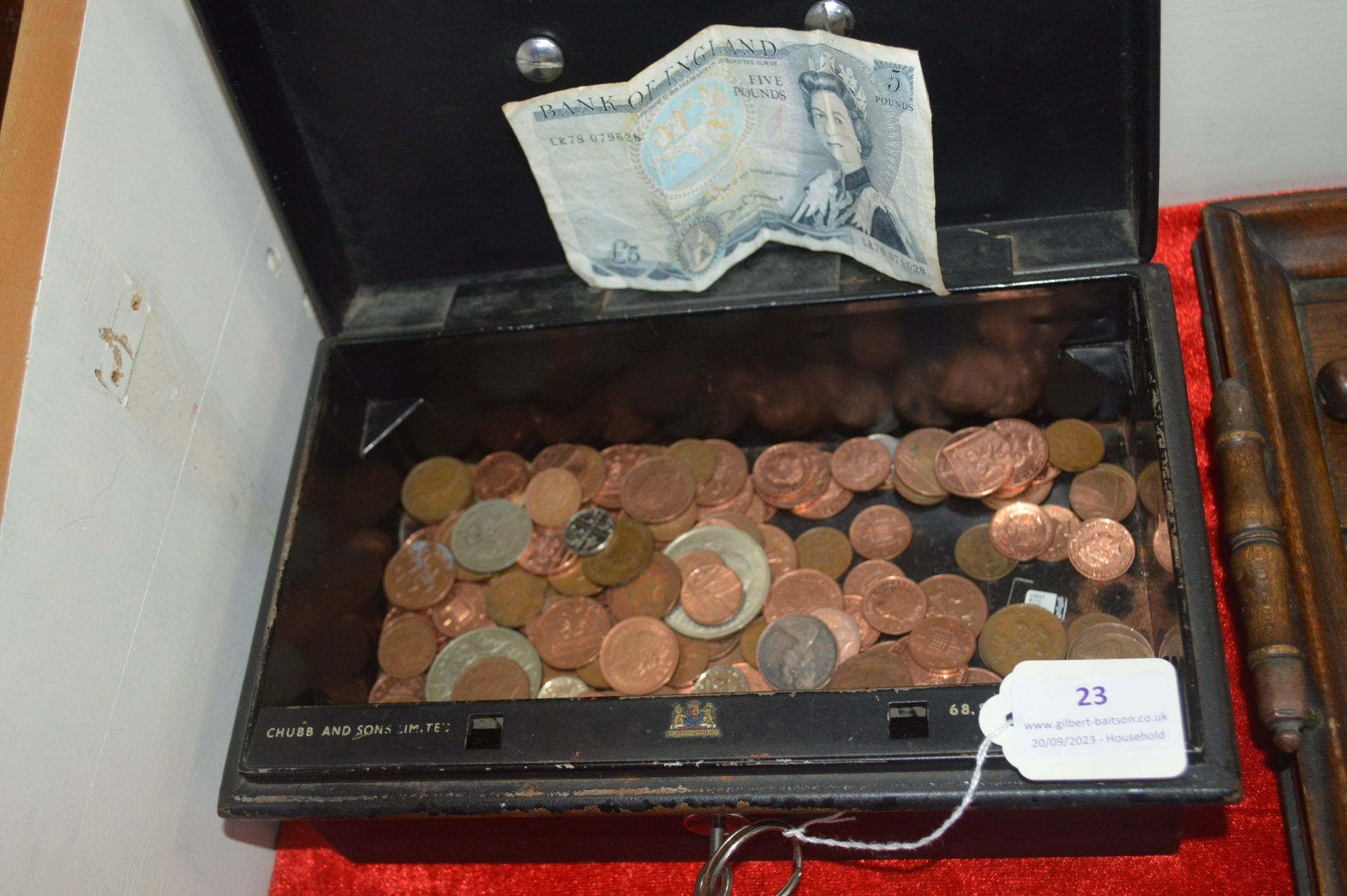 Chubb Cash Box with Key, plus British Coinage and Banknote