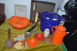 Vintage Kitchenware Including Enamel Pots, Utensil