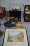 Railway Photograph, Brass Scales, Mantel Clock, an